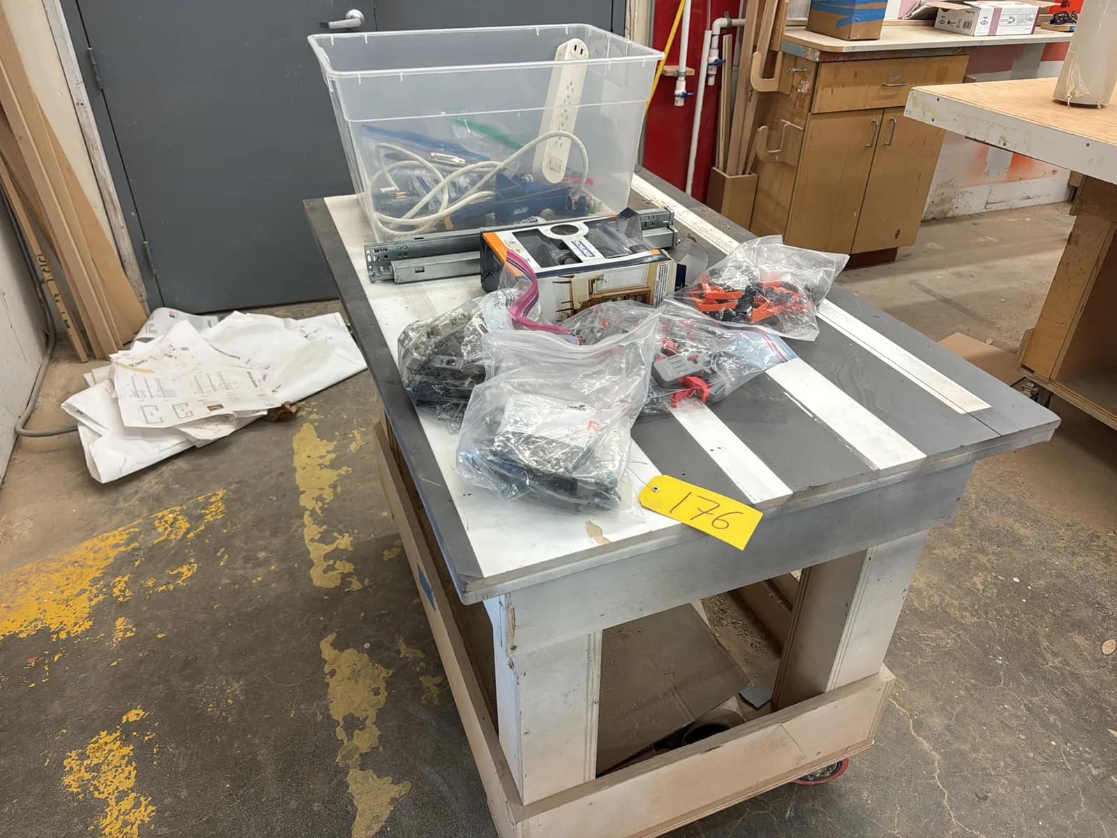 Rolling Wood Table With Contents: Assorted Cabinet Making Hardware, Tools And More, photo 2 of 11
