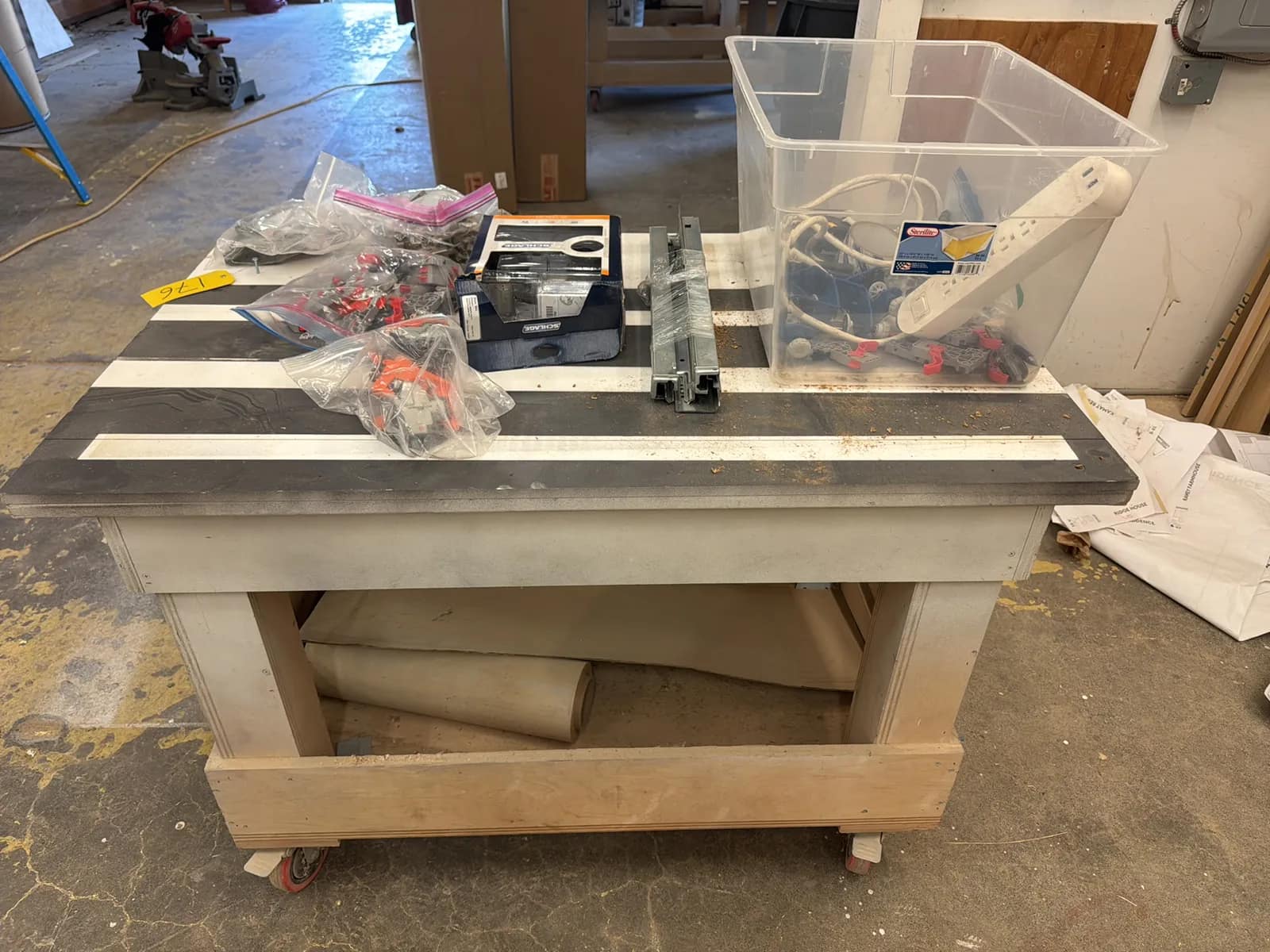 Rolling Wood Table With Contents: Assorted Cabinet Making Hardware, Tools And More, photo 5 of 11
