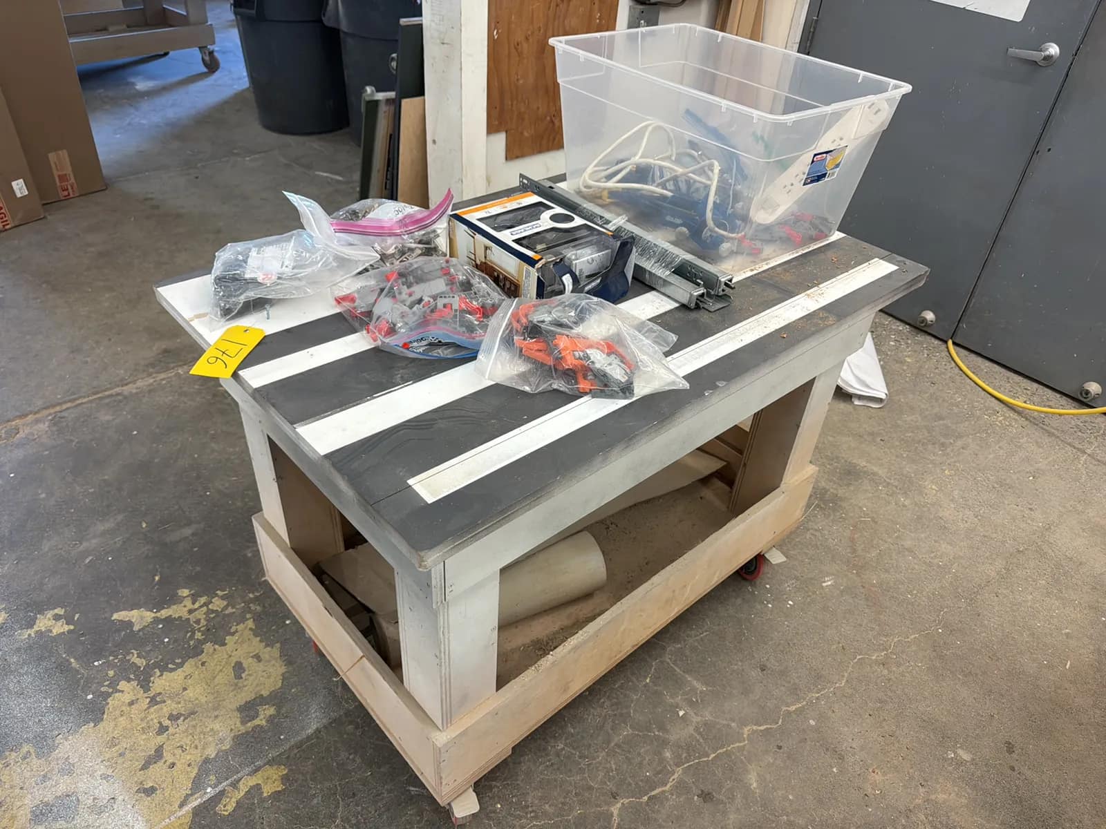 Rolling Wood Table With Contents: Assorted Cabinet Making Hardware, Tools And More, photo 4 of 11
