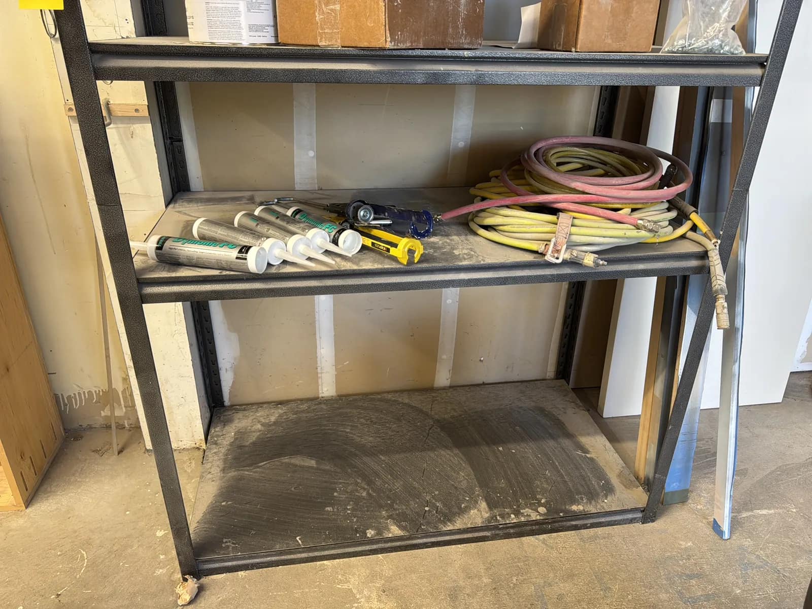 Adjustable Metal Shelving Unit With Contents: Dymonic FC, Air Hose, Hardware And More, photo 4 of 8