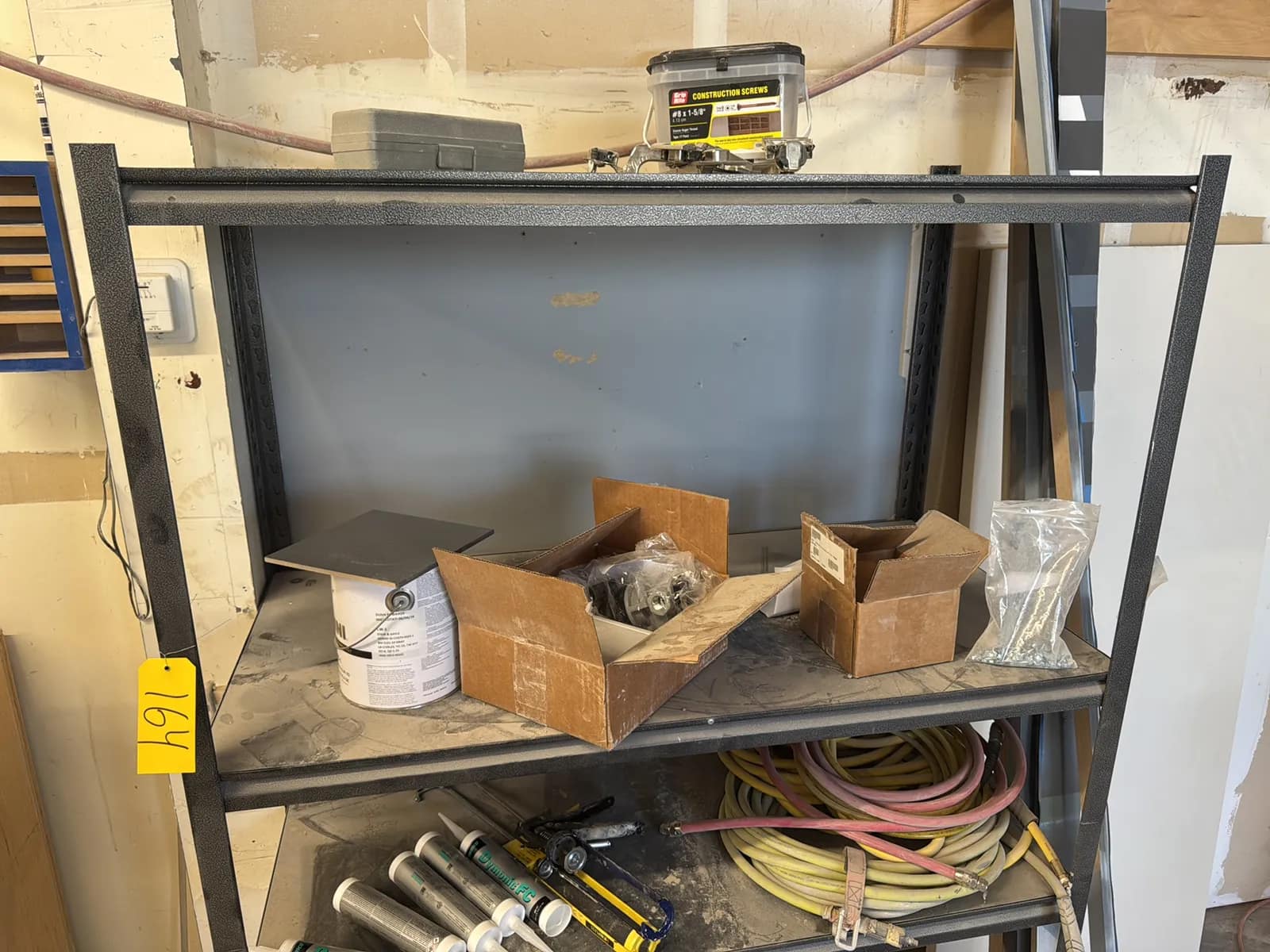 Adjustable Metal Shelving Unit With Contents: Dymonic FC, Air Hose, Hardware And More, photo 2 of 8