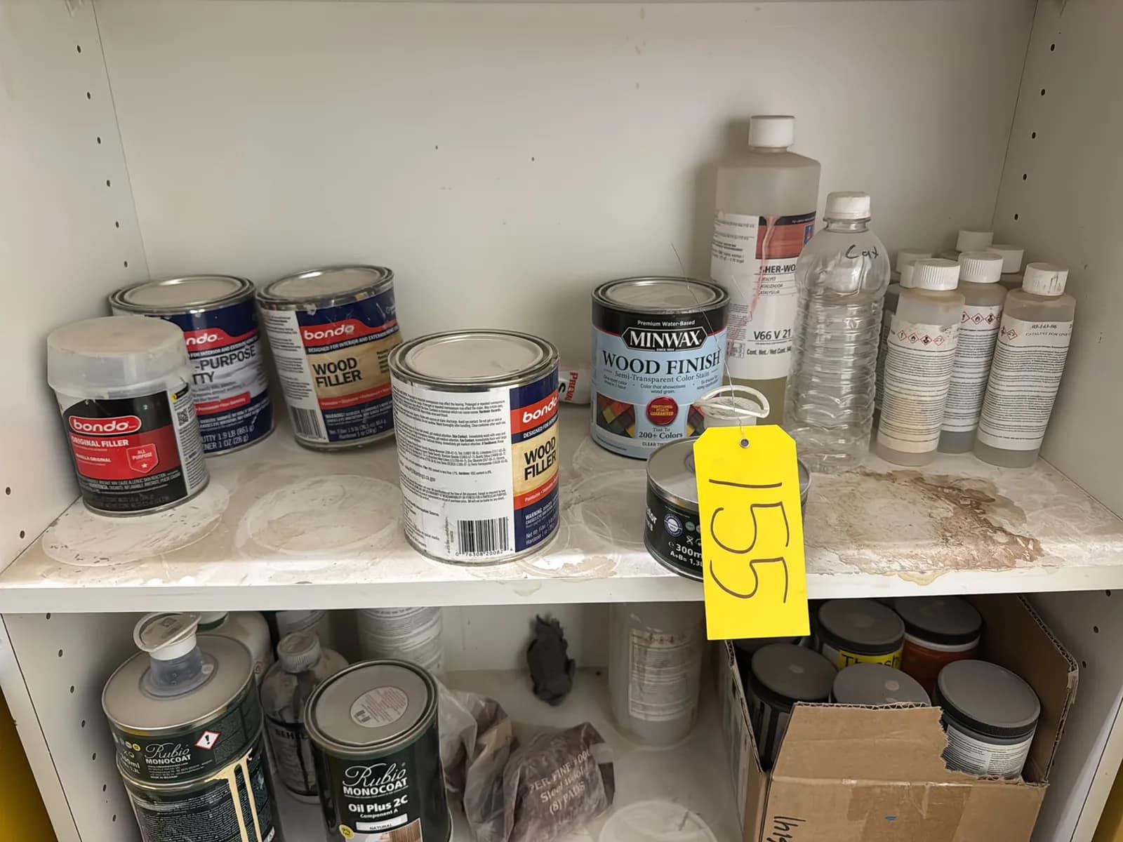 Wood Shelving Unit With Contents: Assorted Woodworking Chemicals, Paints And More, photo 4 of 7