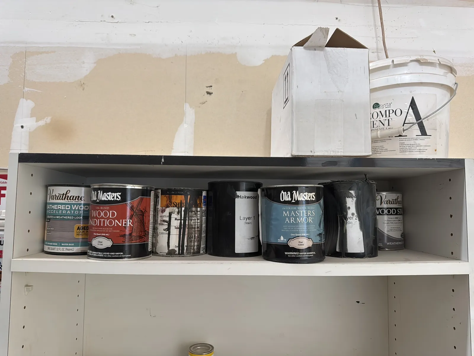 Wood Shelving Unit With Contents: Assorted Woodworking Chemicals, Paints And More, photo 2 of 7