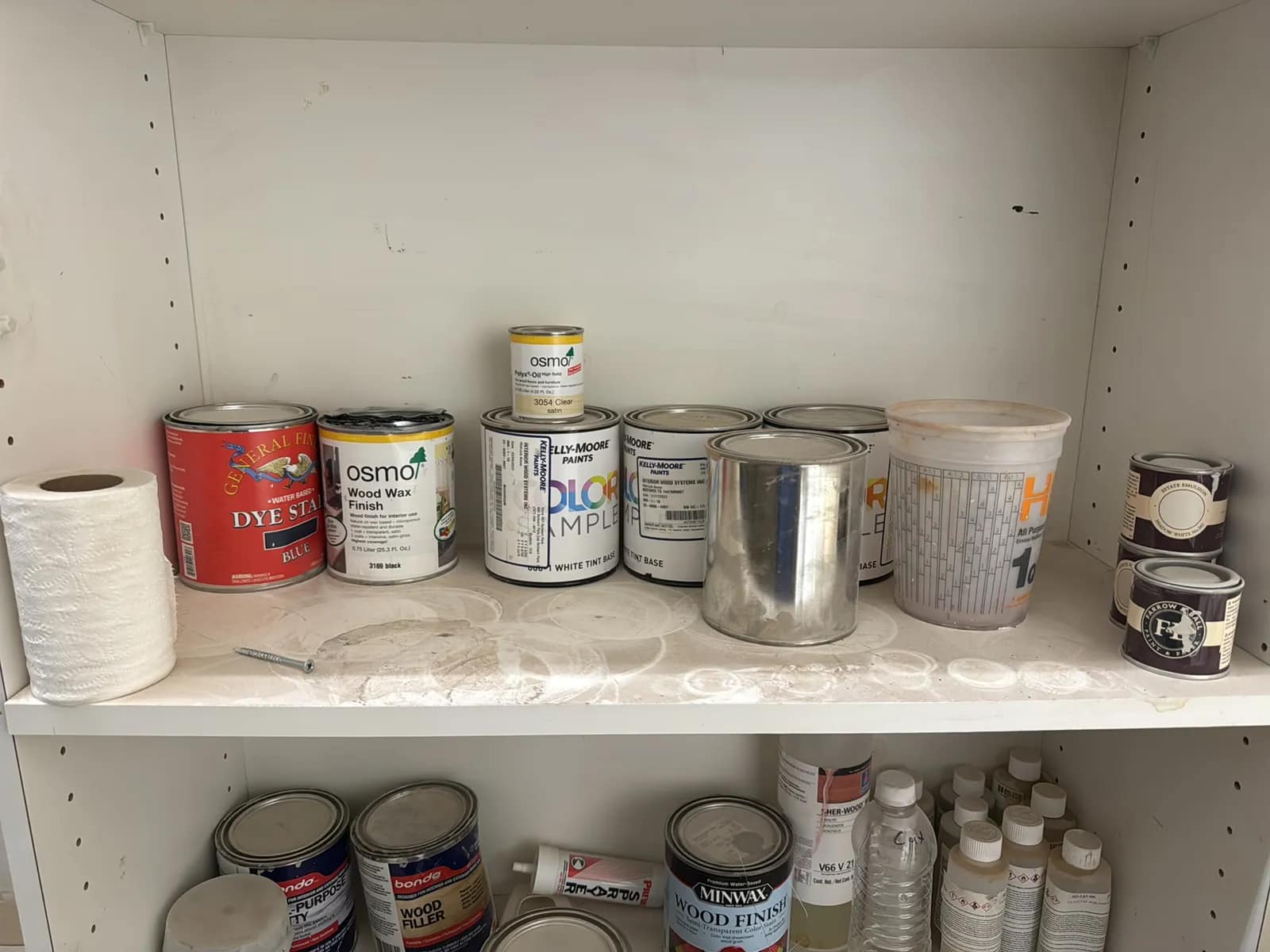Wood Shelving Unit With Contents: Assorted Woodworking Chemicals, Paints And More, photo 3 of 7
