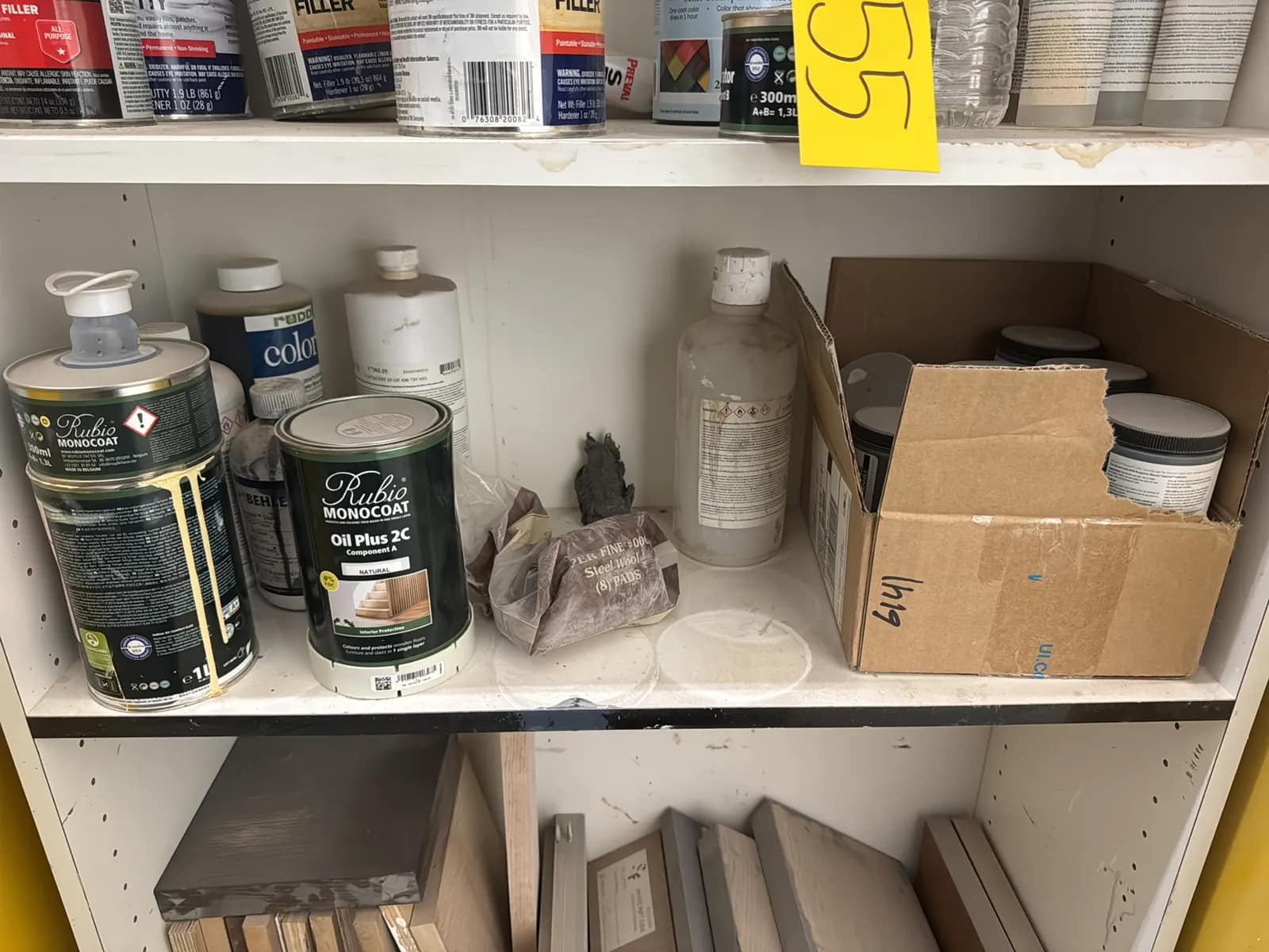 Wood Shelving Unit With Contents: Assorted Woodworking Chemicals, Paints And More, photo 5 of 7