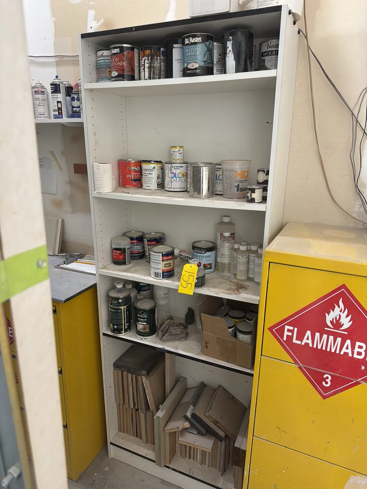 Wood Shelving Unit With Contents: Assorted Woodworking Chemicals, Paints And More, photo 1 of 7