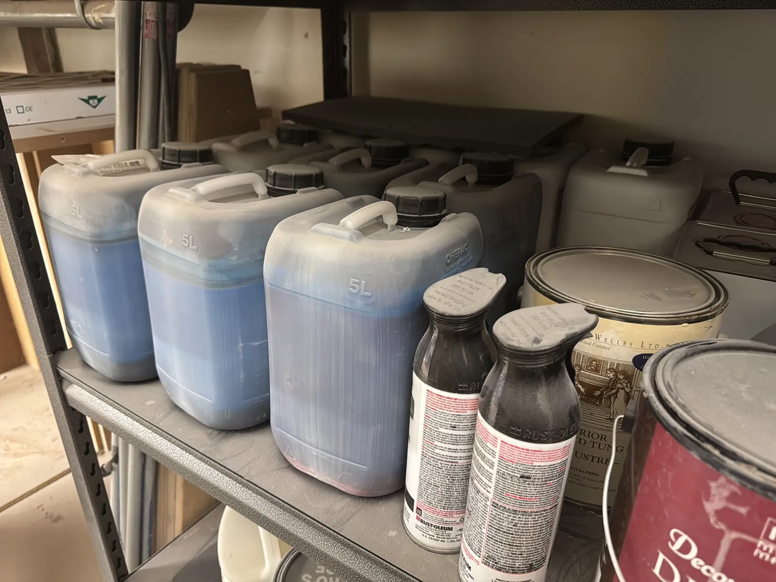 Steel Adjustable Shelving Unit With Contents: Paint, Varnish, Assorted Chemicals And More, photo 9 of 14