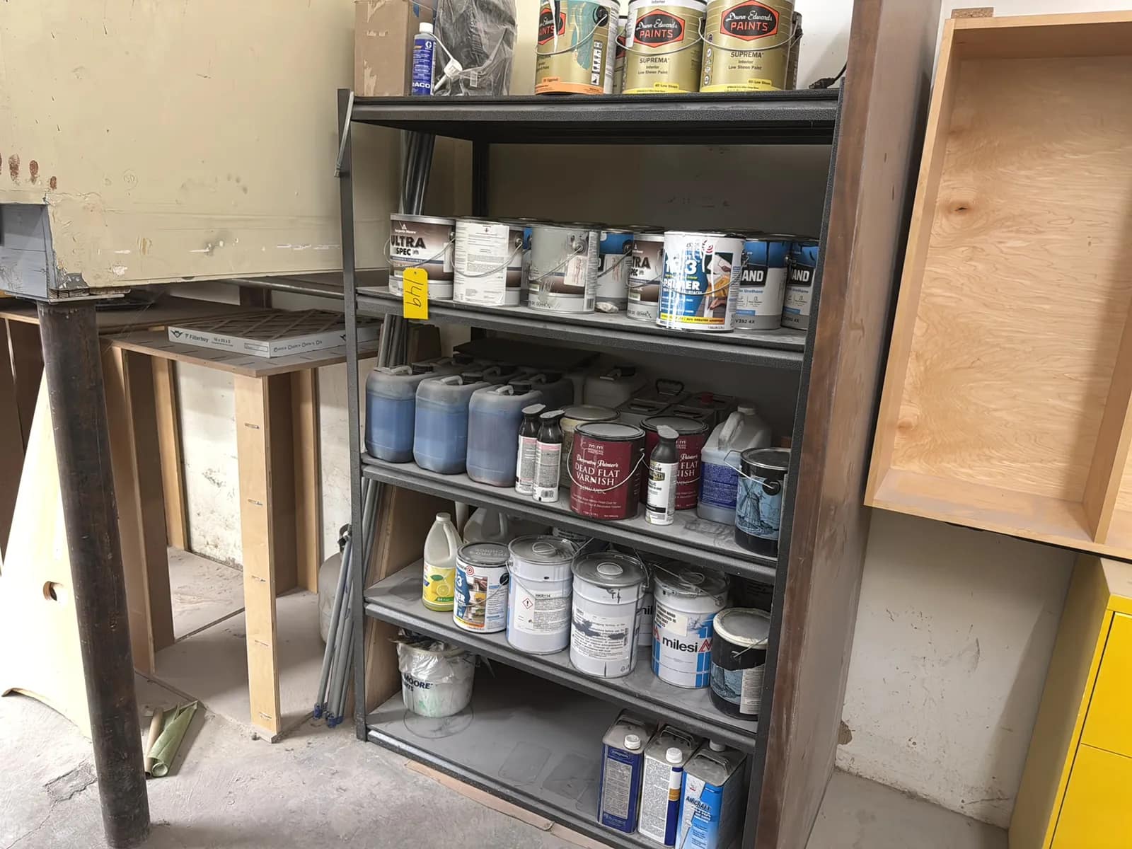 Steel Adjustable Shelving Unit With Contents: Paint, Varnish, Assorted Chemicals And More, photo 1 of 14