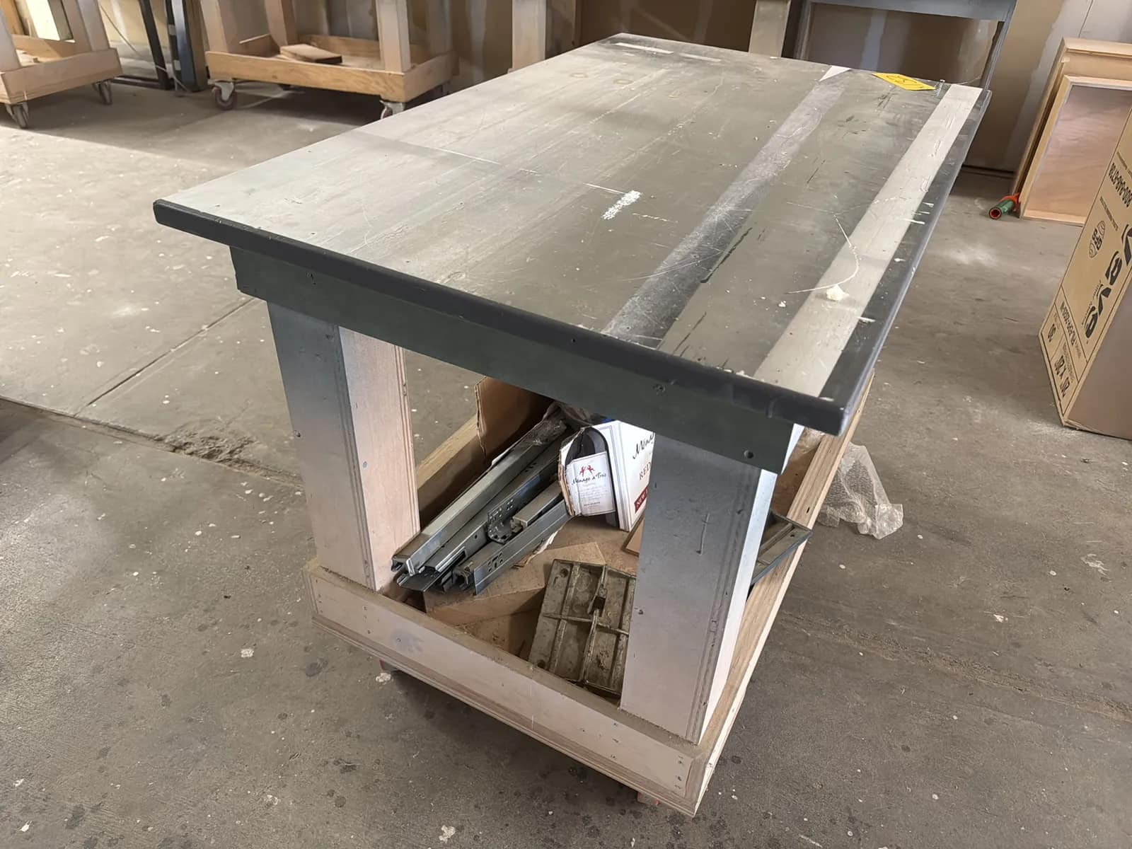 Custom Rolling Wood Shop Table With Contents: Assorted Cabinet Hardware, photo 3 of 9