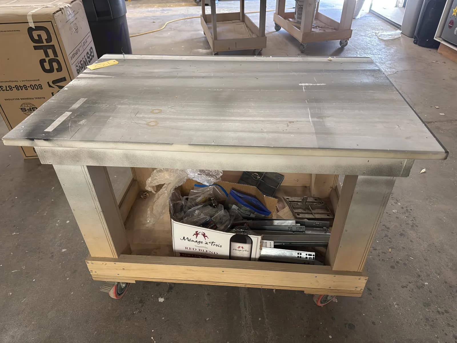 Custom Rolling Wood Shop Table With Contents: Assorted Cabinet Hardware, photo 6 of 9