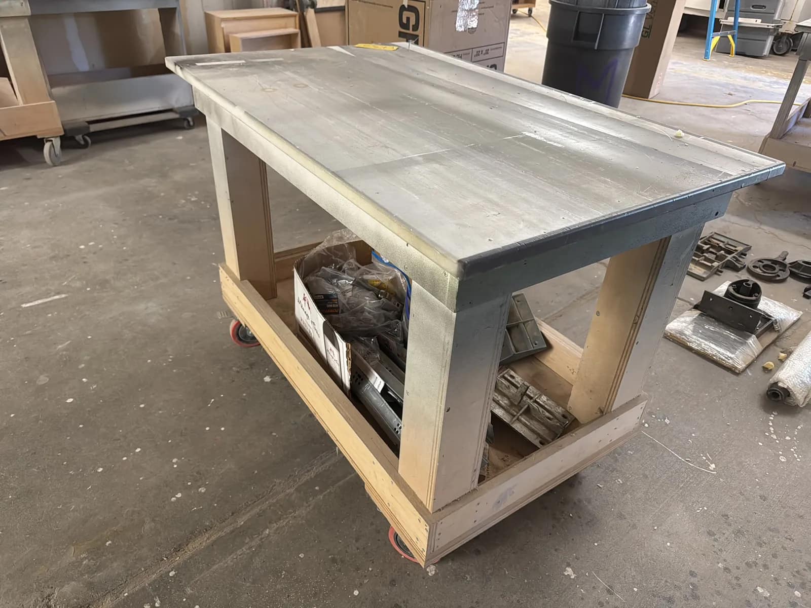 Custom Rolling Wood Shop Table With Contents: Assorted Cabinet Hardware, photo 5 of 9