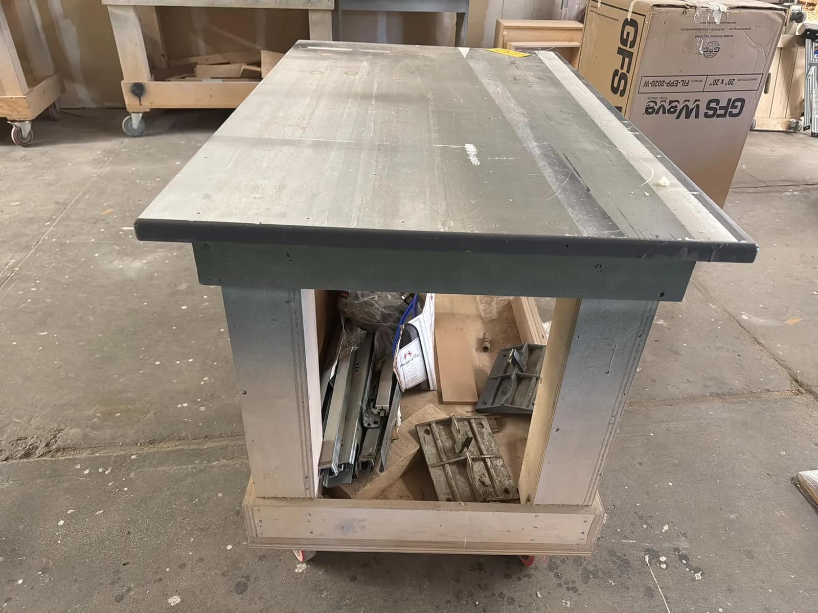 Custom Rolling Wood Shop Table With Contents: Assorted Cabinet Hardware, photo 4 of 9