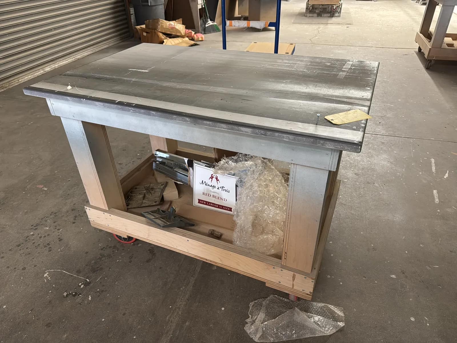Custom Rolling Wood Shop Table With Contents: Assorted Cabinet Hardware, photo 1 of 9