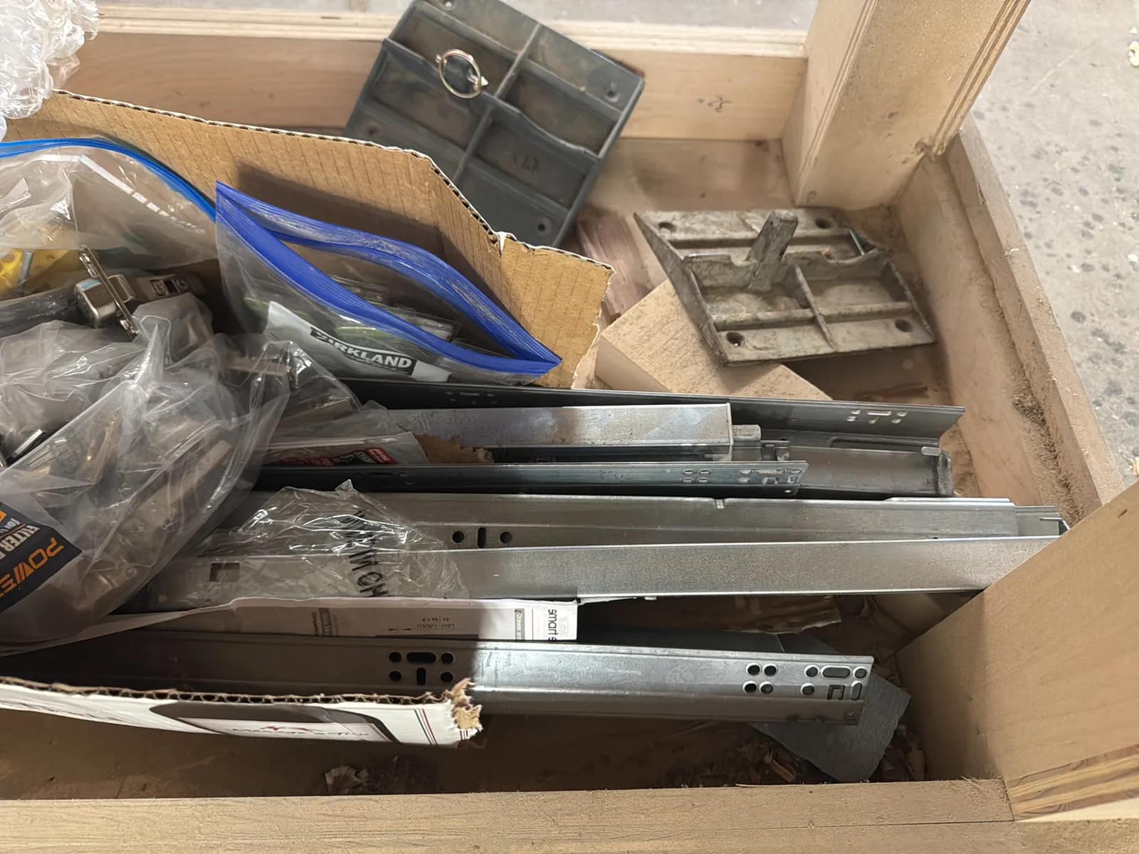 Custom Rolling Wood Shop Table With Contents: Assorted Cabinet Hardware, photo 7 of 9