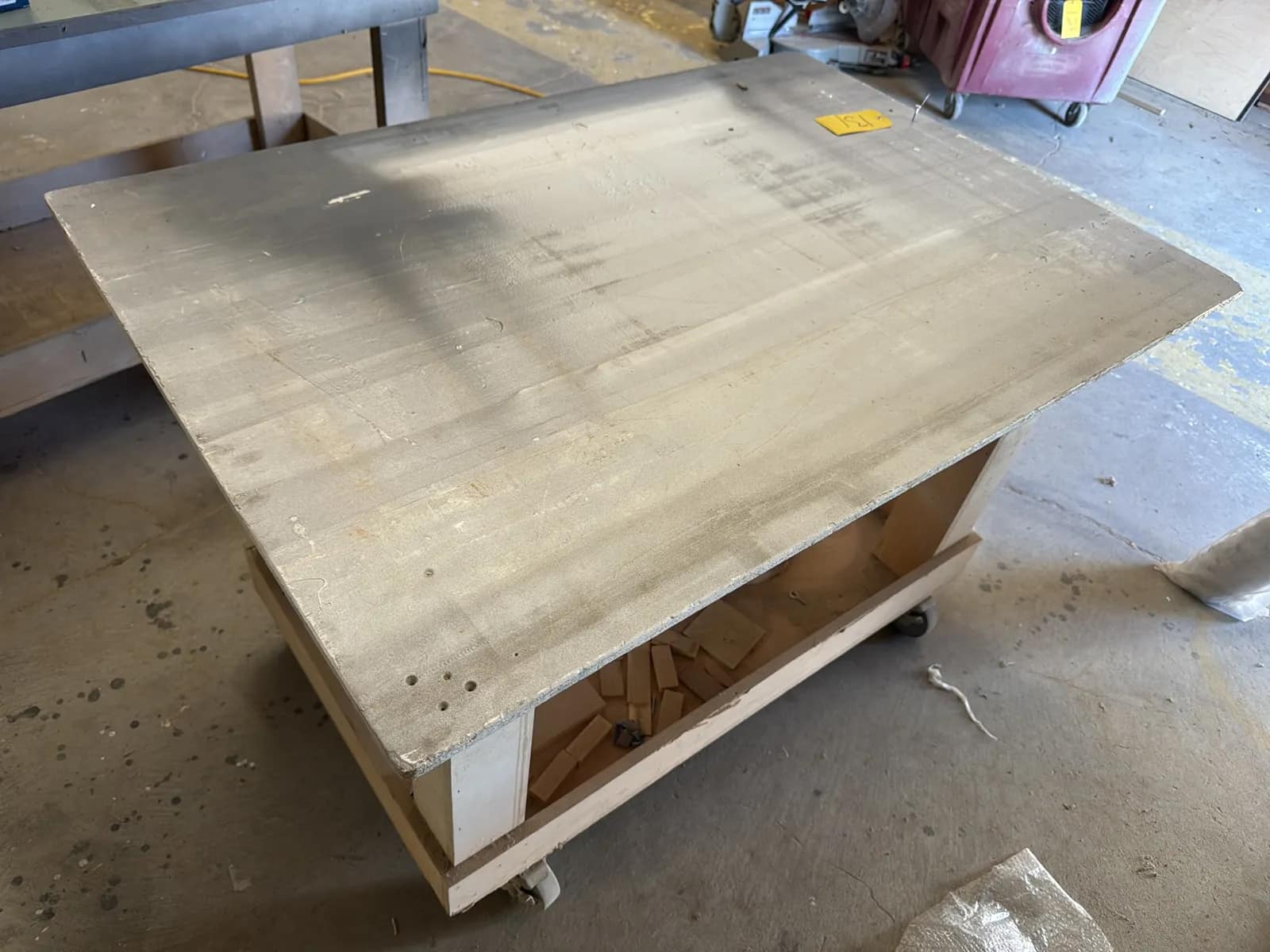 Custom Rolling Shop Table With Contents: Assorted Wood, Bucket And More, photo 3 of 6
