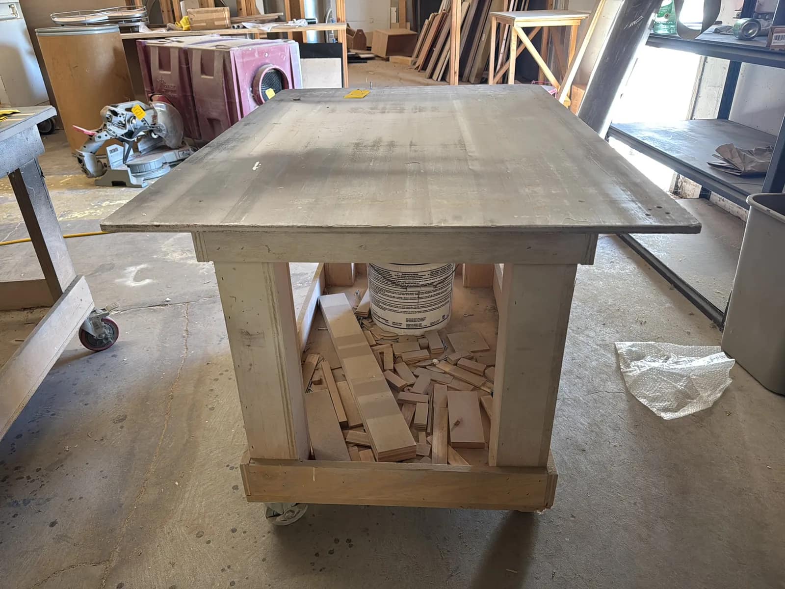 Custom Rolling Shop Table With Contents: Assorted Wood, Bucket And More, photo 2 of 6
