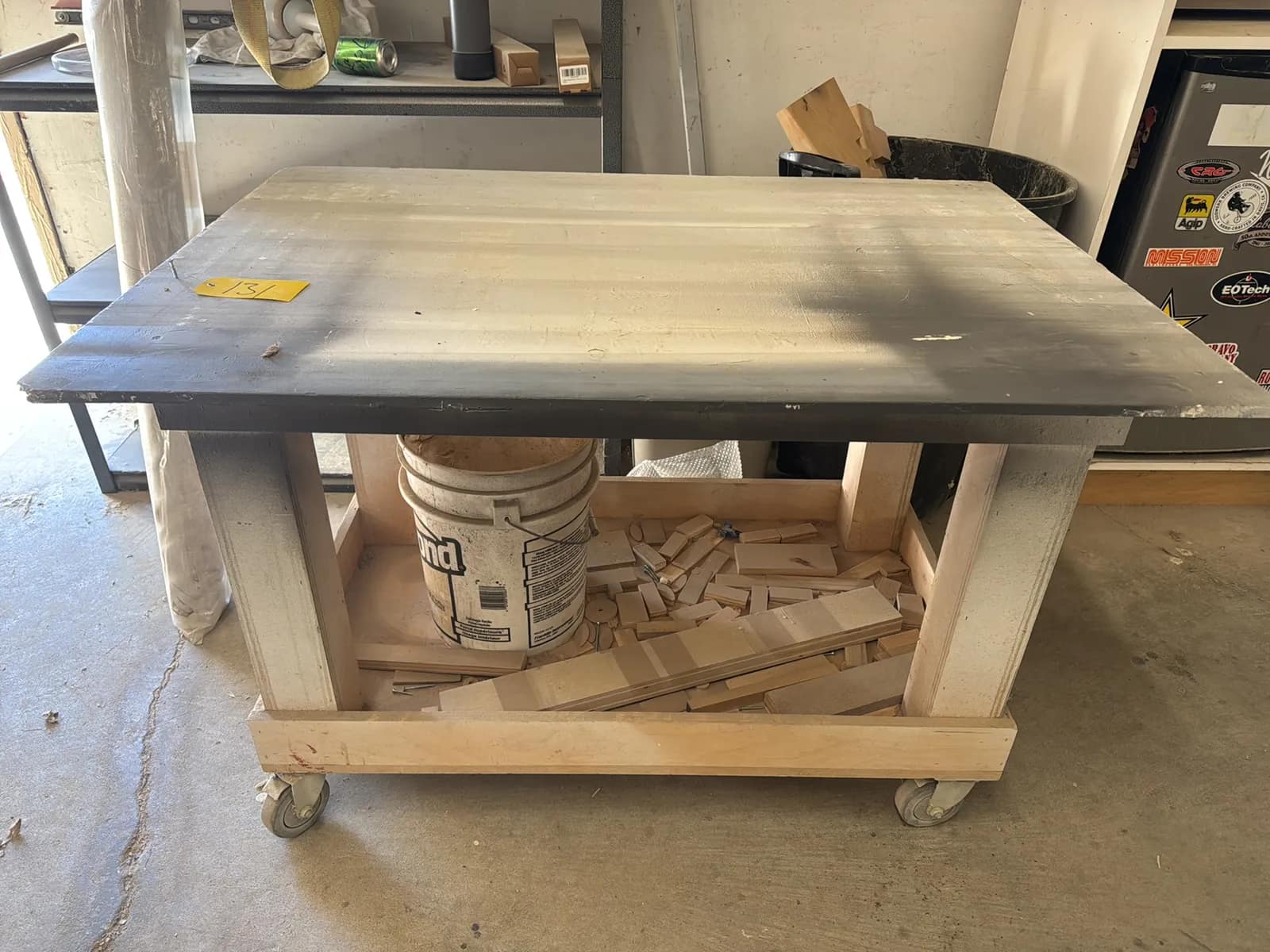 Custom Rolling Shop Table With Contents: Assorted Wood, Bucket And More, photo 1 of 6