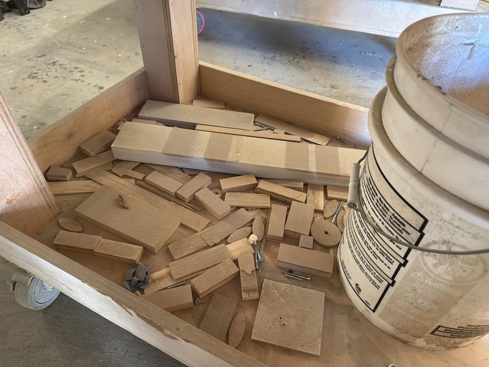 Custom Rolling Shop Table With Contents: Assorted Wood, Bucket And More, photo 5 of 6