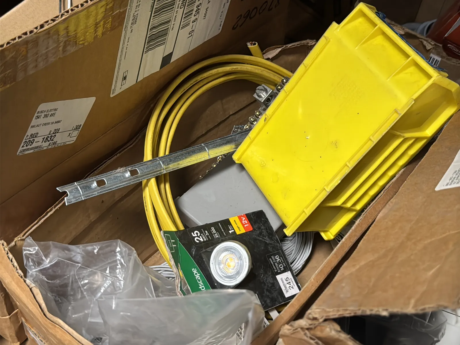 Contents Of (1) Shelf: Recessed Lighting Housing, RG6 Quad Cable, Assorted Electrical Supply And More, photo 9 of 14