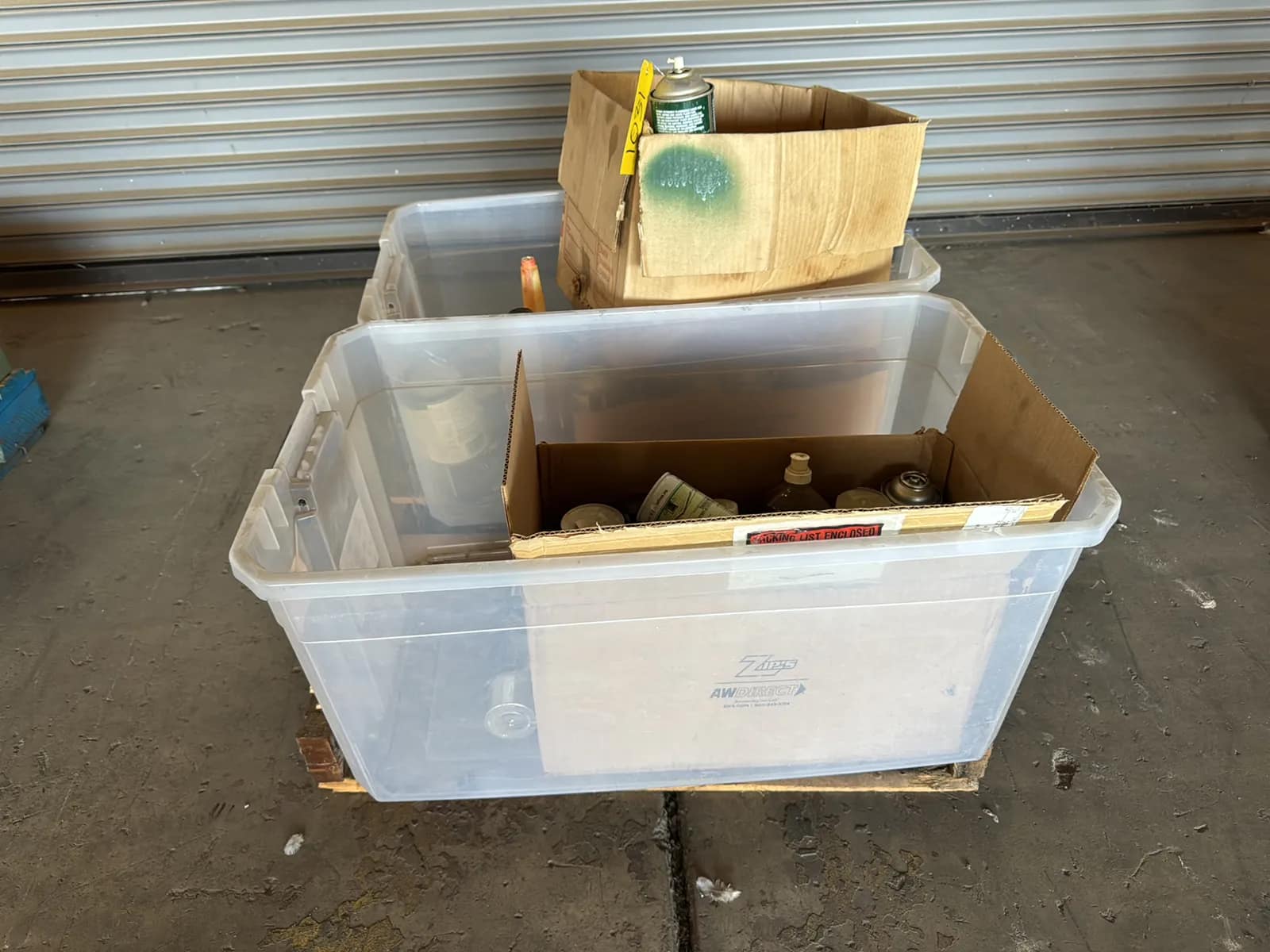 pallet-of-assorted-bins-of-paints-stains-adhesives-and-more-b3a81b