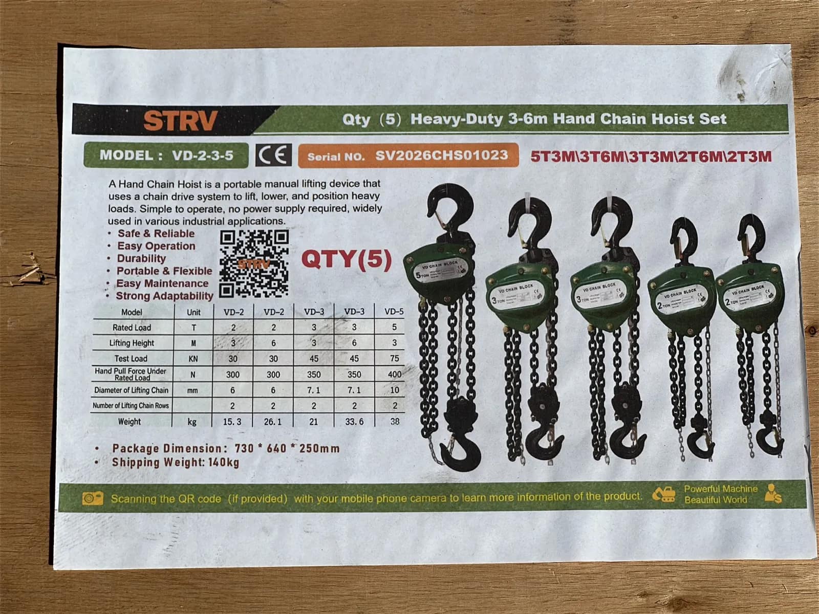 (5) Starvox VD-2-3-5 Heavy-Duty 3-6m Hand Chain Hoists (Unused), photo 1 of 8