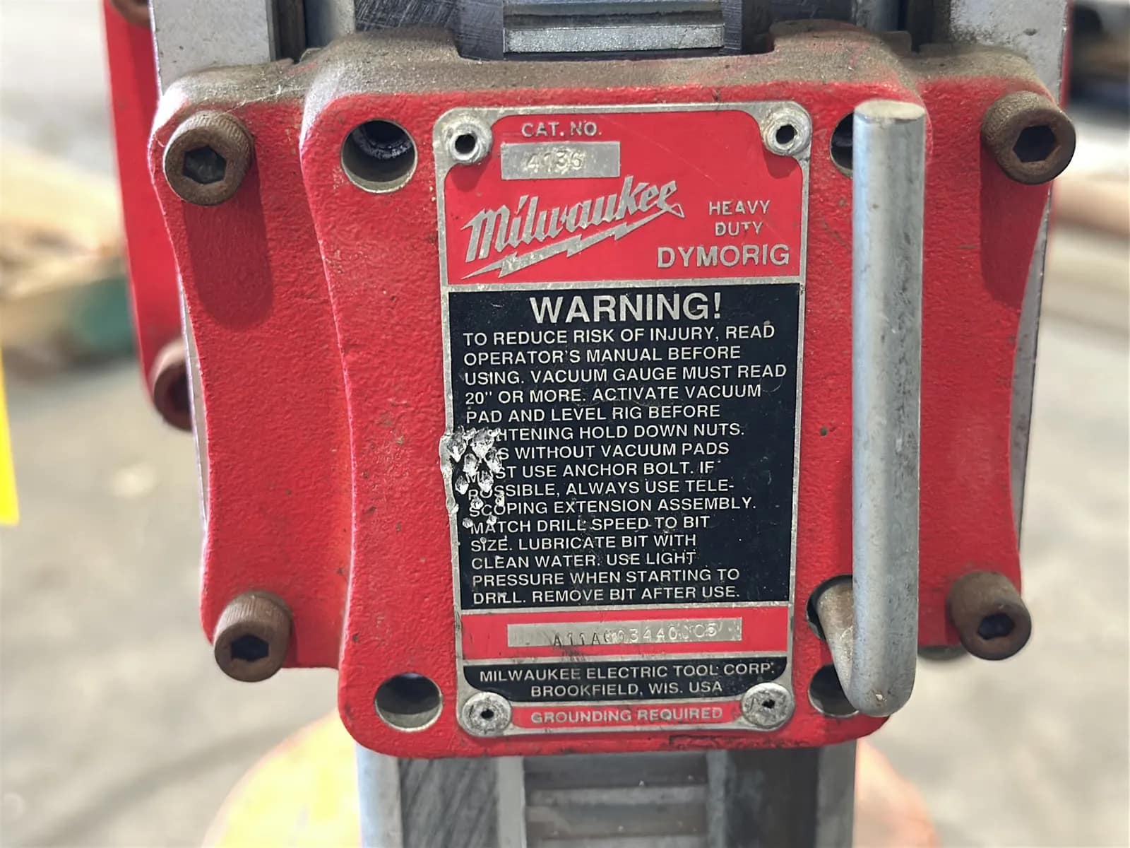 Milwaukee Heavy-Duty 4” to 14" Dymodrill Diamond Coring Motor with Dymorig Base-Stand, Vacuum Pump, and Bit, photo 8 of 10