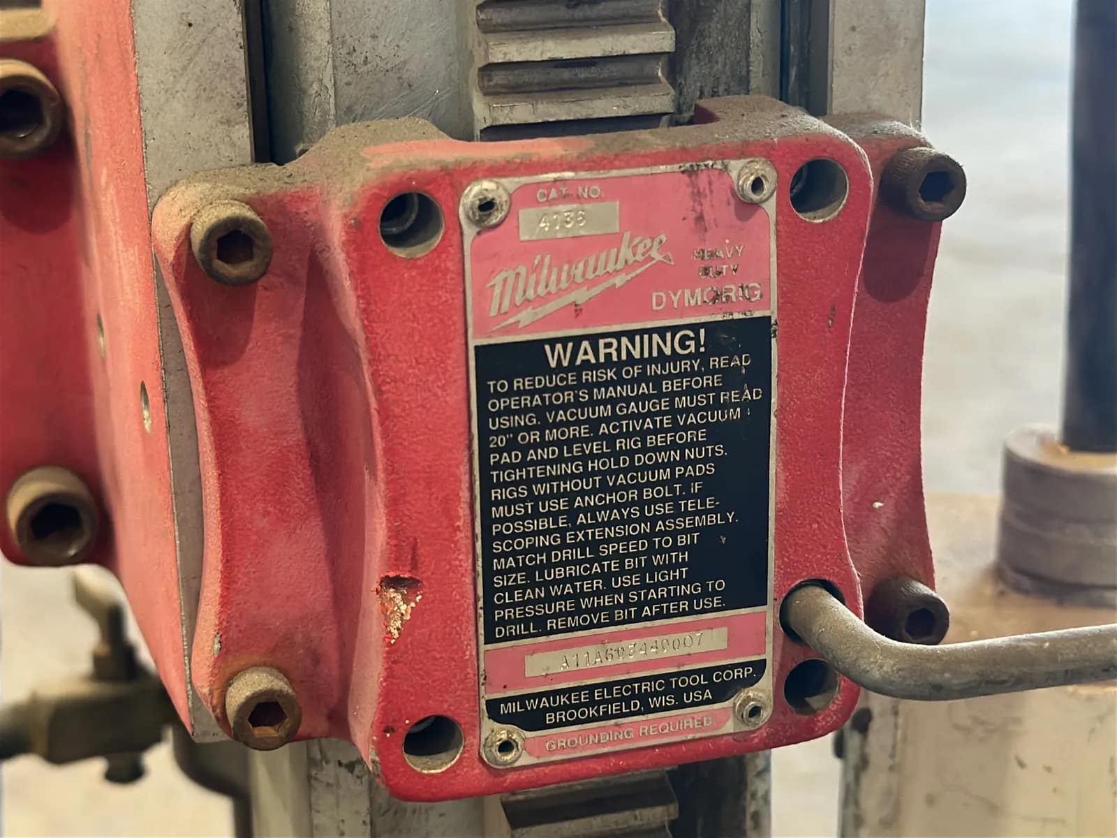 Milwaukee Heavy-Duty 4” to 14" Dymodrill Diamond Coring Motor with Dymorig Base-Stand, Vacuum Pump, and Bit, photo 9 of 11