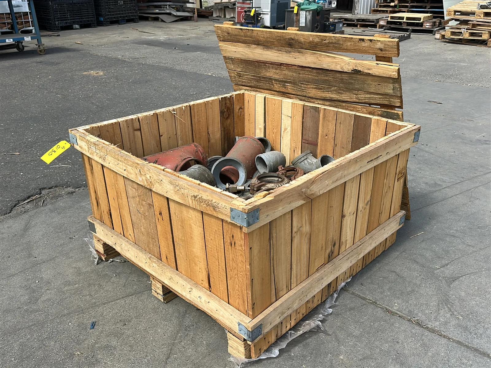 Crate and Contents: Assorted Pipe Clamps, Steel Elbows, Steel Couplers, And More, photo 2 of 6