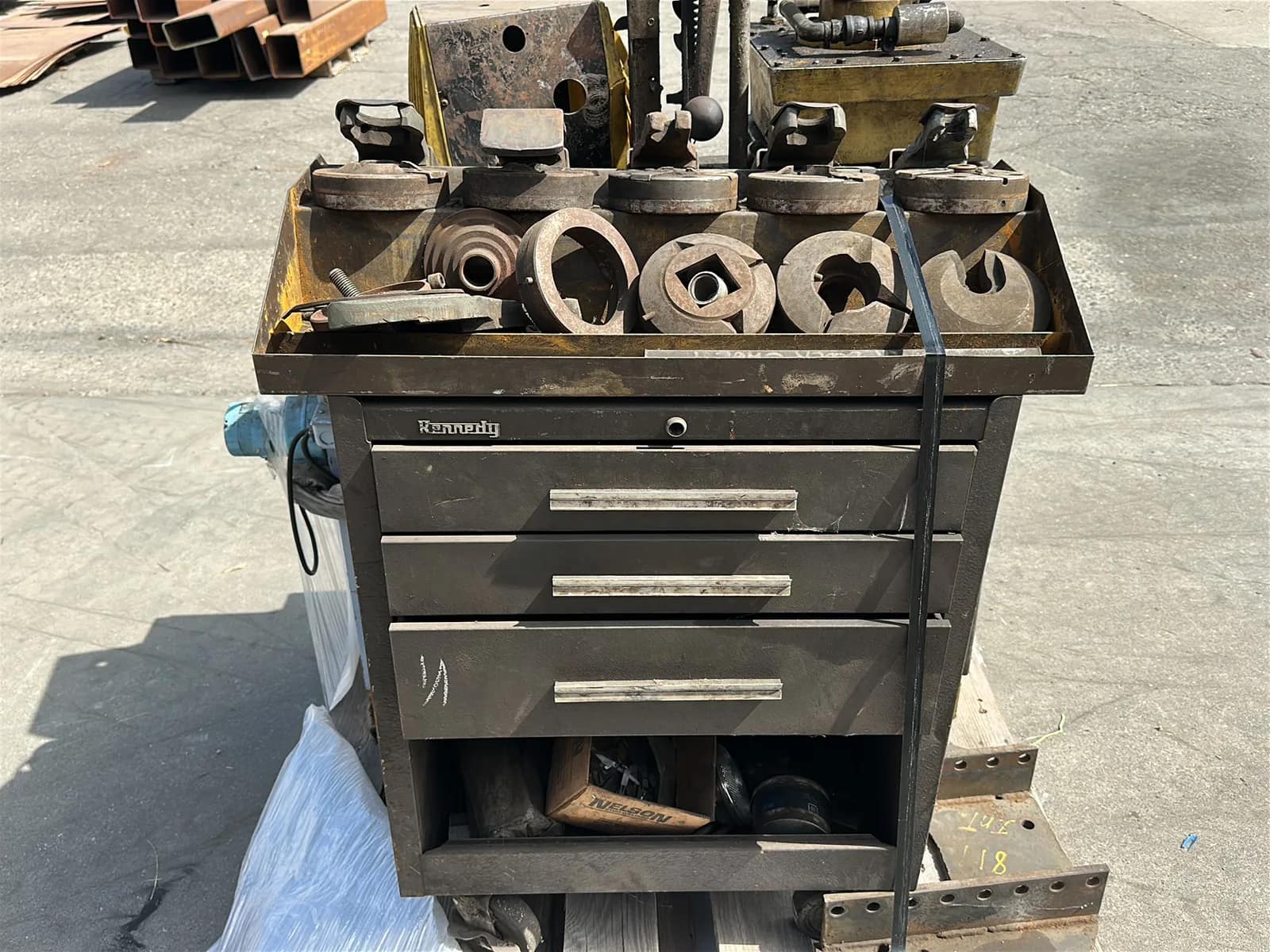 Contents Of Pallet: Kennedy Tool Box, Assorted Hardware, Used Lubrication Oil Container, And More, photo 8 of 9