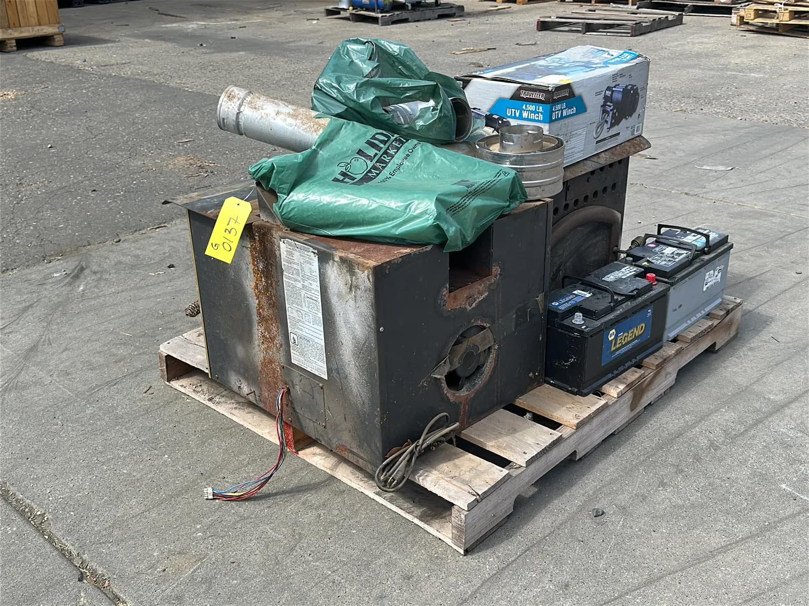 Contents Of Pallet: (2) Wood Burning Furnaces, Traveller 4,500Lb UTV Winch, (2) Car Batteries, And More, photo 2 of 10