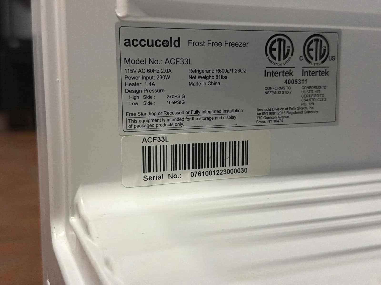 Accucold Freezer, photo 7 of 7