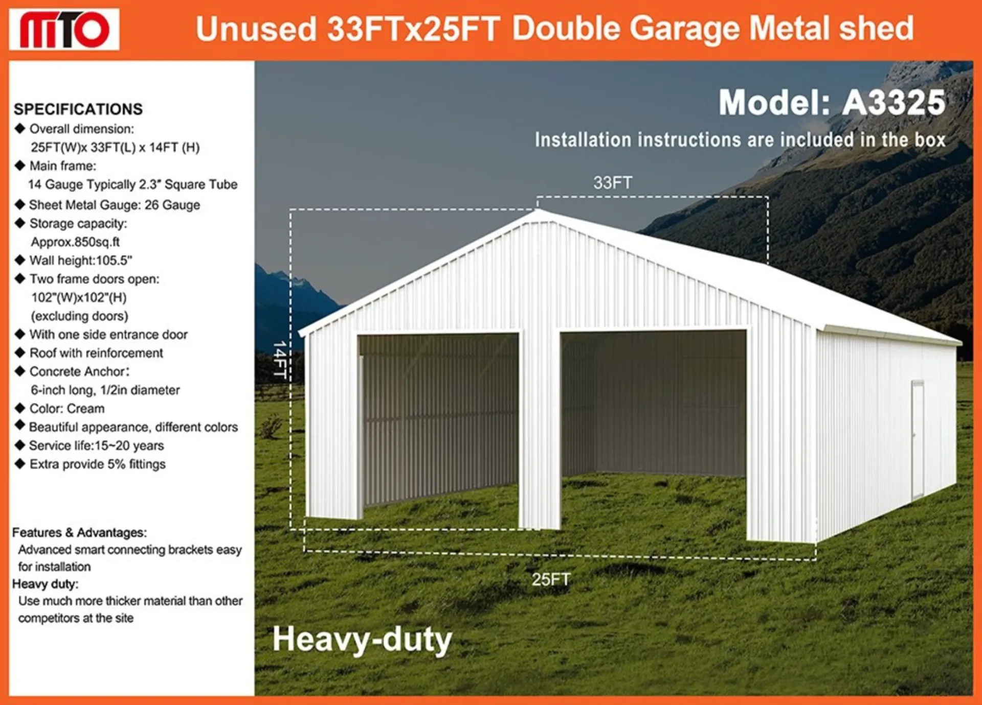 2026-mto-a3325-33x25-heavy-duty-double-garage-metal-barn-shed-unused-mv426t5s