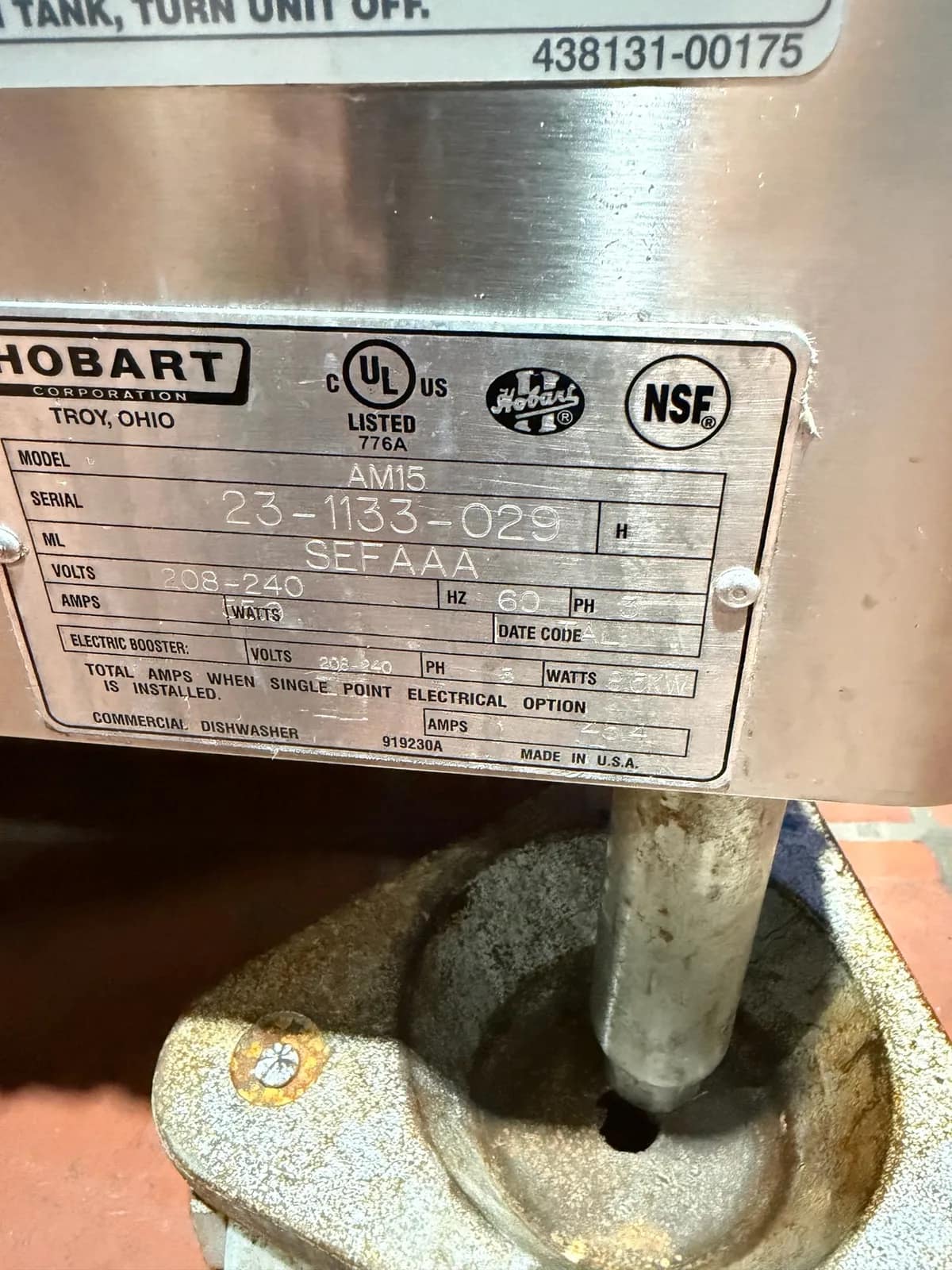 High Temp Hobart Commercial Stainless Steel Dishwasher, 208-240 Volts 3PH, photo 6 of 6