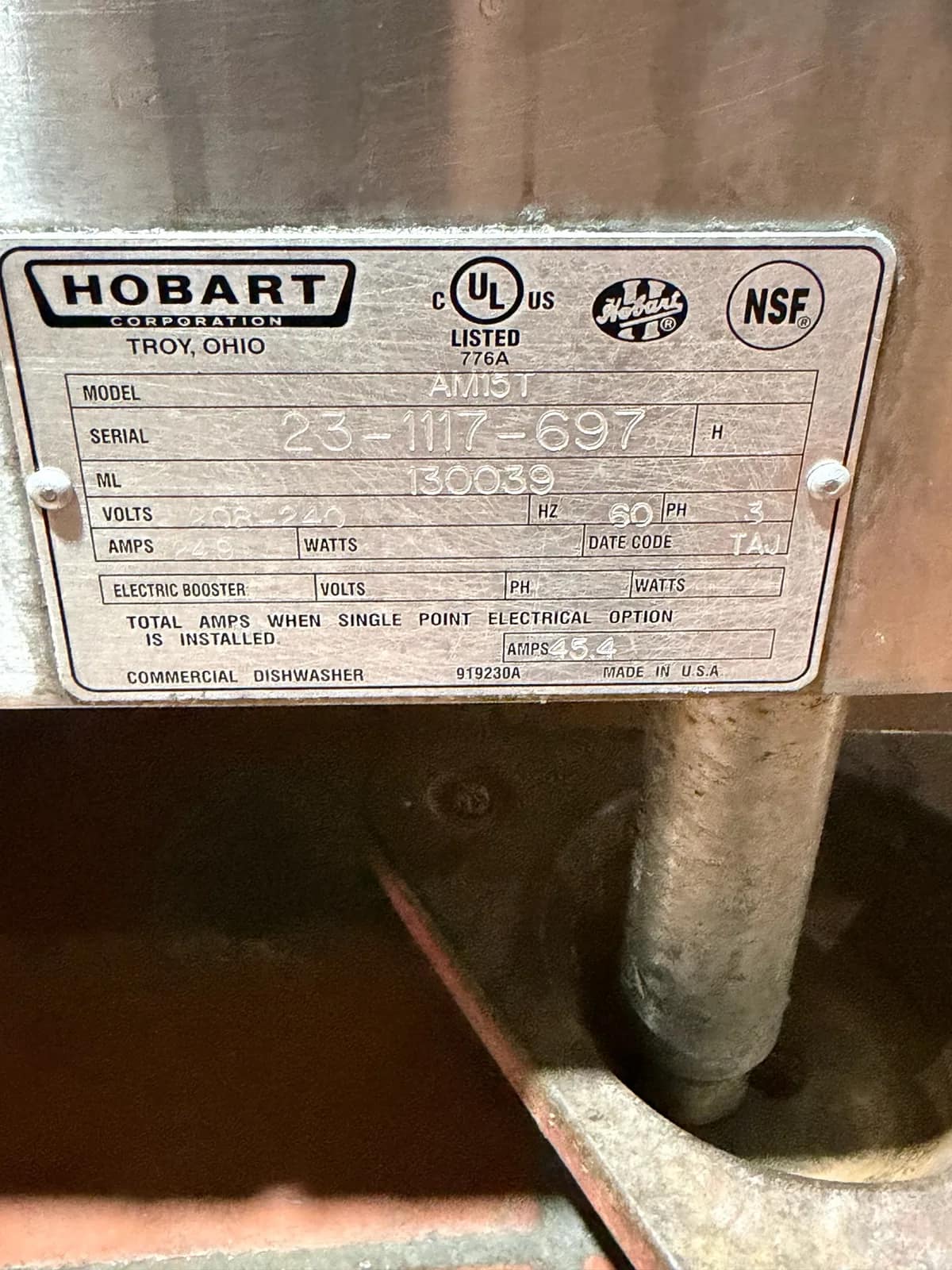 Low Temp Hobart Commercial Dishwasher With Stainless Steel Finish 208-240 Volts, photo 8 of 10