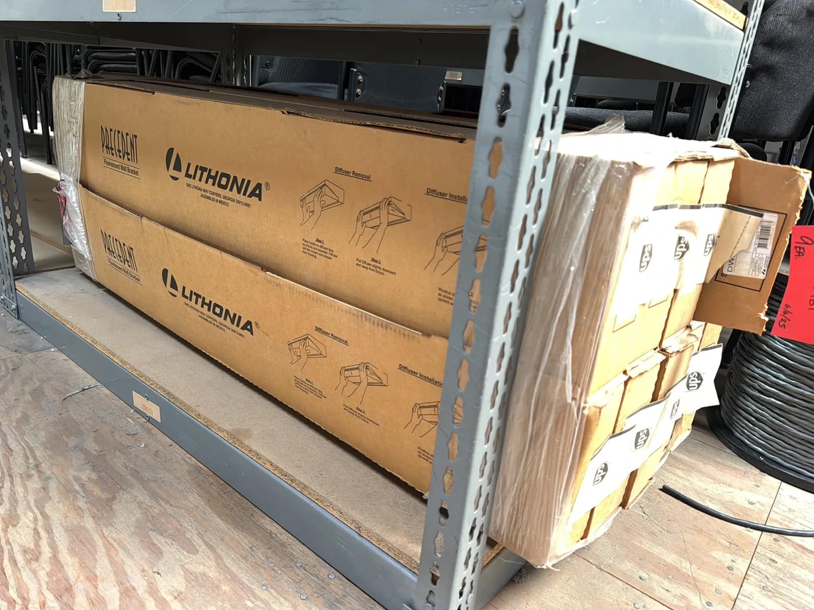 (4) Adjustable Metal Shelving Units with Contents: Lighting Diffusers Masking Tape And More, photo 4 of 10