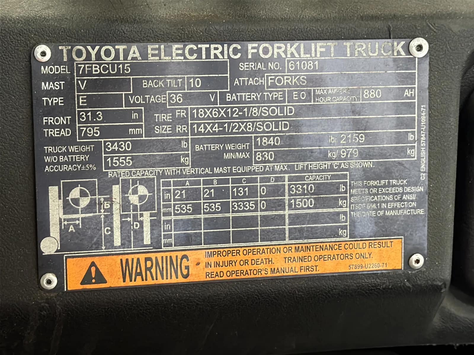 Toyota 5FBCU15 3,000lb Capacity Electric Forklift, photo 20 of 44
