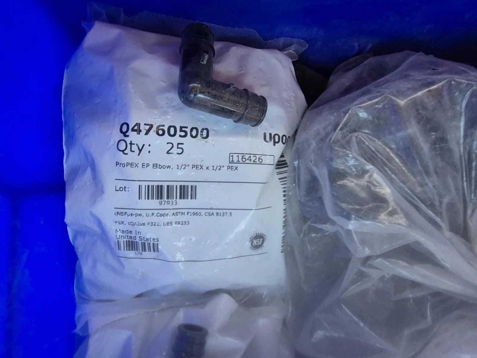 Contents Of Pallet: Assortment Of Water Line Fittings, Various Proflo Pipe Clamps, ProPex EP Elbow, photo 2 of 6