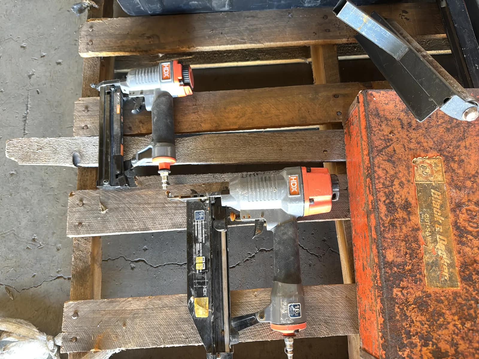 Pallet of Assorted Nail Guns Levels, And Tools, photo 2 of 6