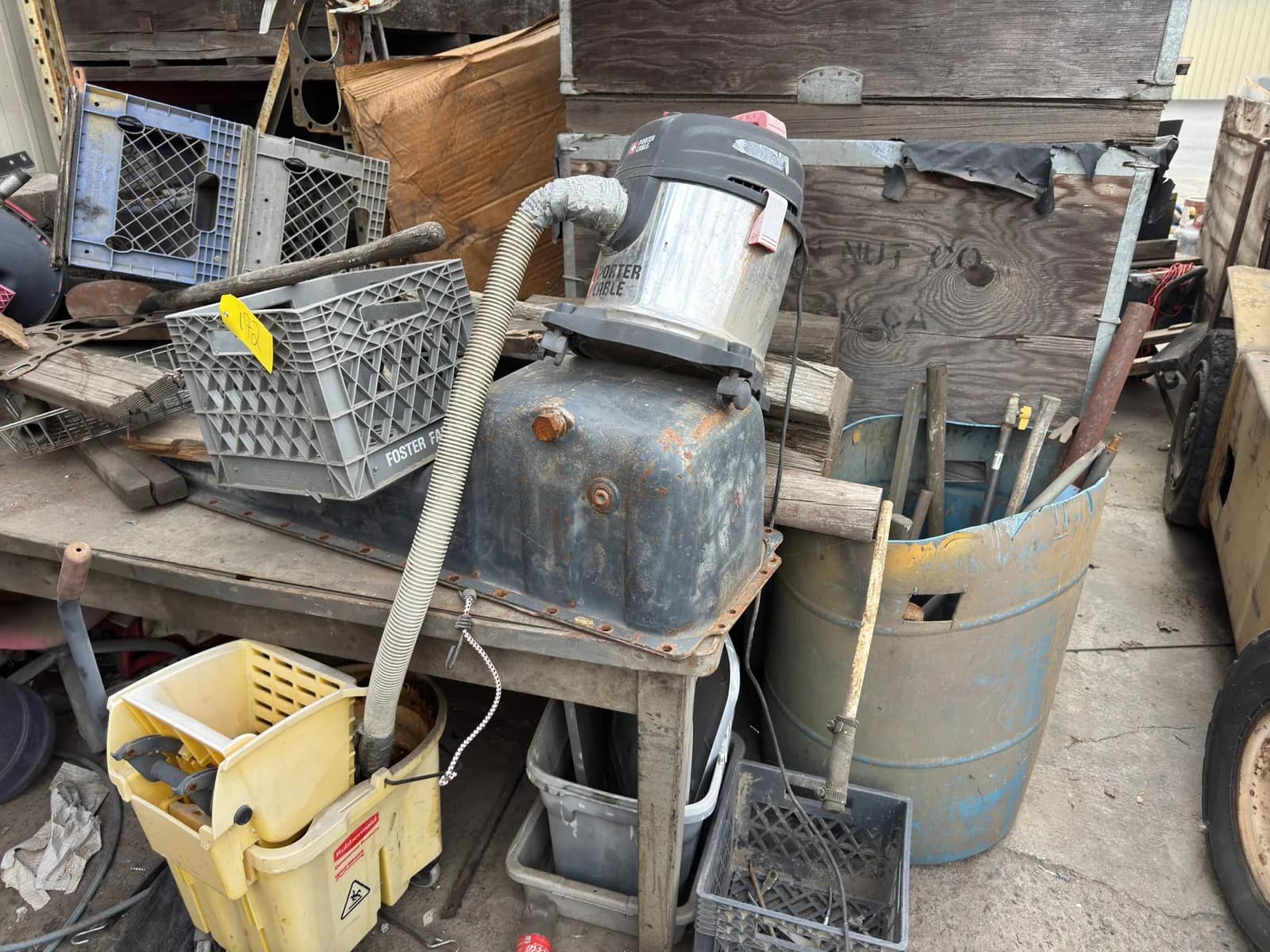 Contents Of Steel Table: Oil Pan, Diesel Parts, Shop Vac And More, photo 2 of 12