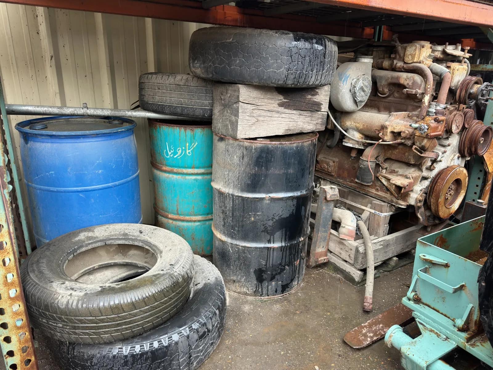Contents Of Section: Inline 6 Diesel Motor, Tires, And 55 Gallon Barrels, photo 9 of 9