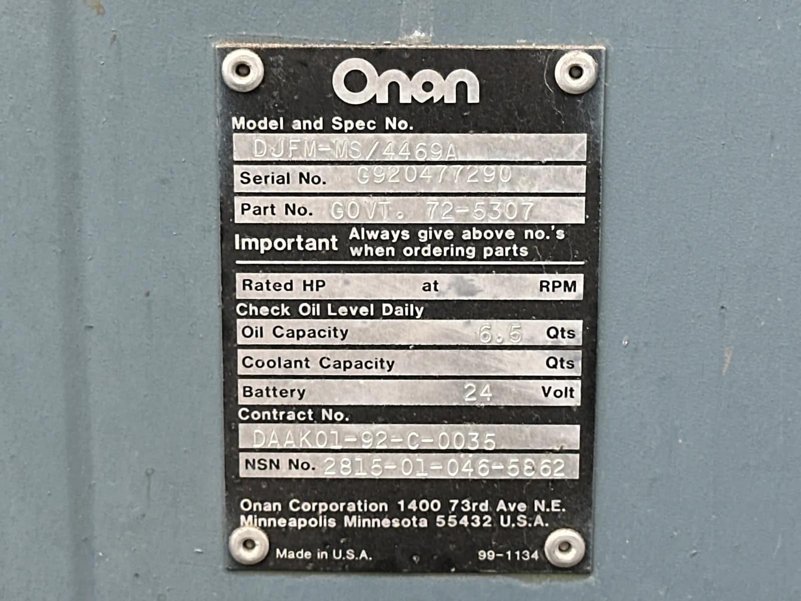 Onan Generator DJFM MS/4469A, photo 10 of 12