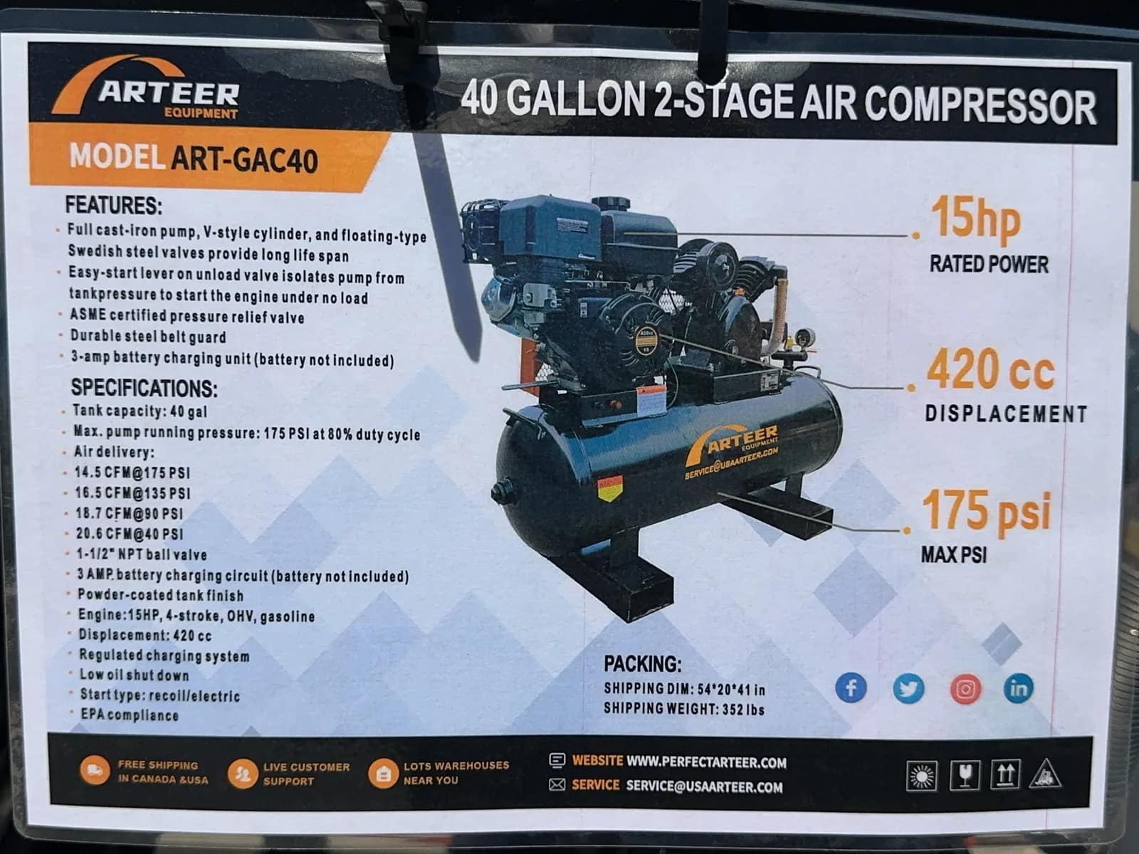 2026 Arteer ART-GAC40 40 Gallon 2-Stage Air Compressor (Unused), photo 2 of 12