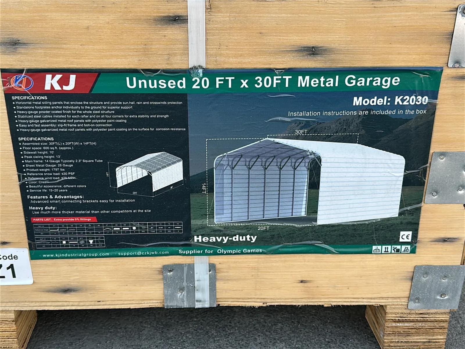 2026 KJ K2030 20'x30' Heavy-Duty Metal Garage (Unused), photo 6 of 12