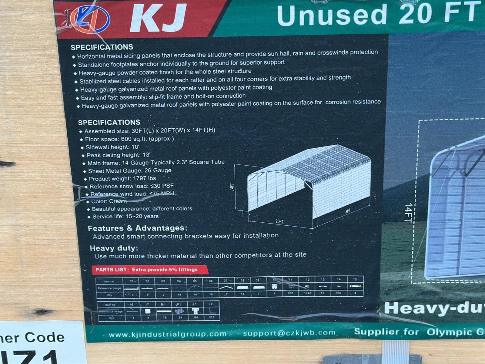 2026 KJ K2030 20'x30' Heavy-Duty Metal Garage (Unused), photo 8 of 12