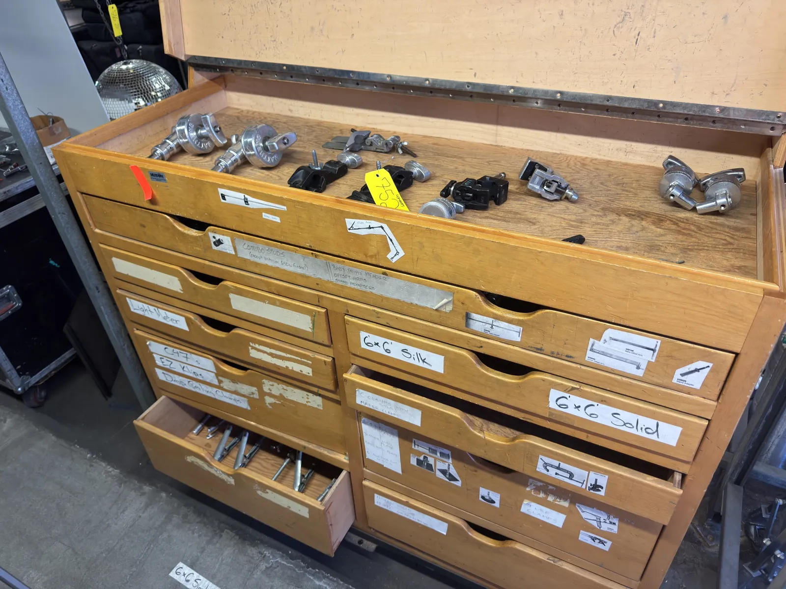 contents-of-cabinet-mic-stand-parts-combo-studs-and-clamps-1d692c