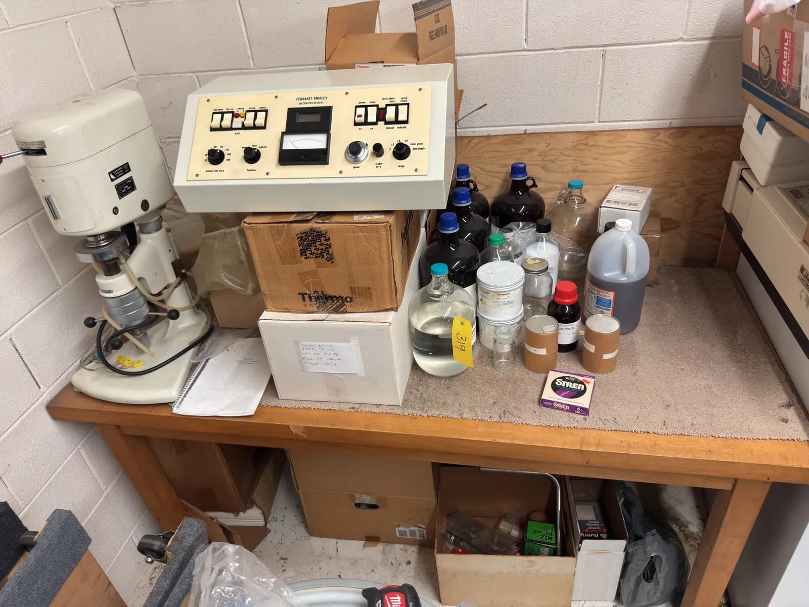 wood-desk-with-contents-ravenfield-viscometer-ferranti-shirley-viscometer-chemicals-and-more-2caae2