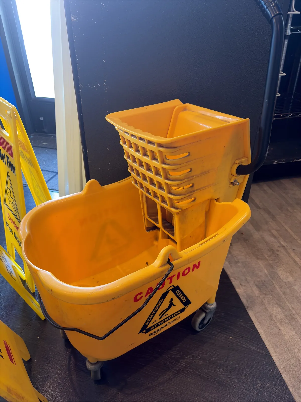 yellow-caution-wet-floor-mop-bucket-with-wringer-and-wheels-plus-3-wet-floor-caution-signs-405006