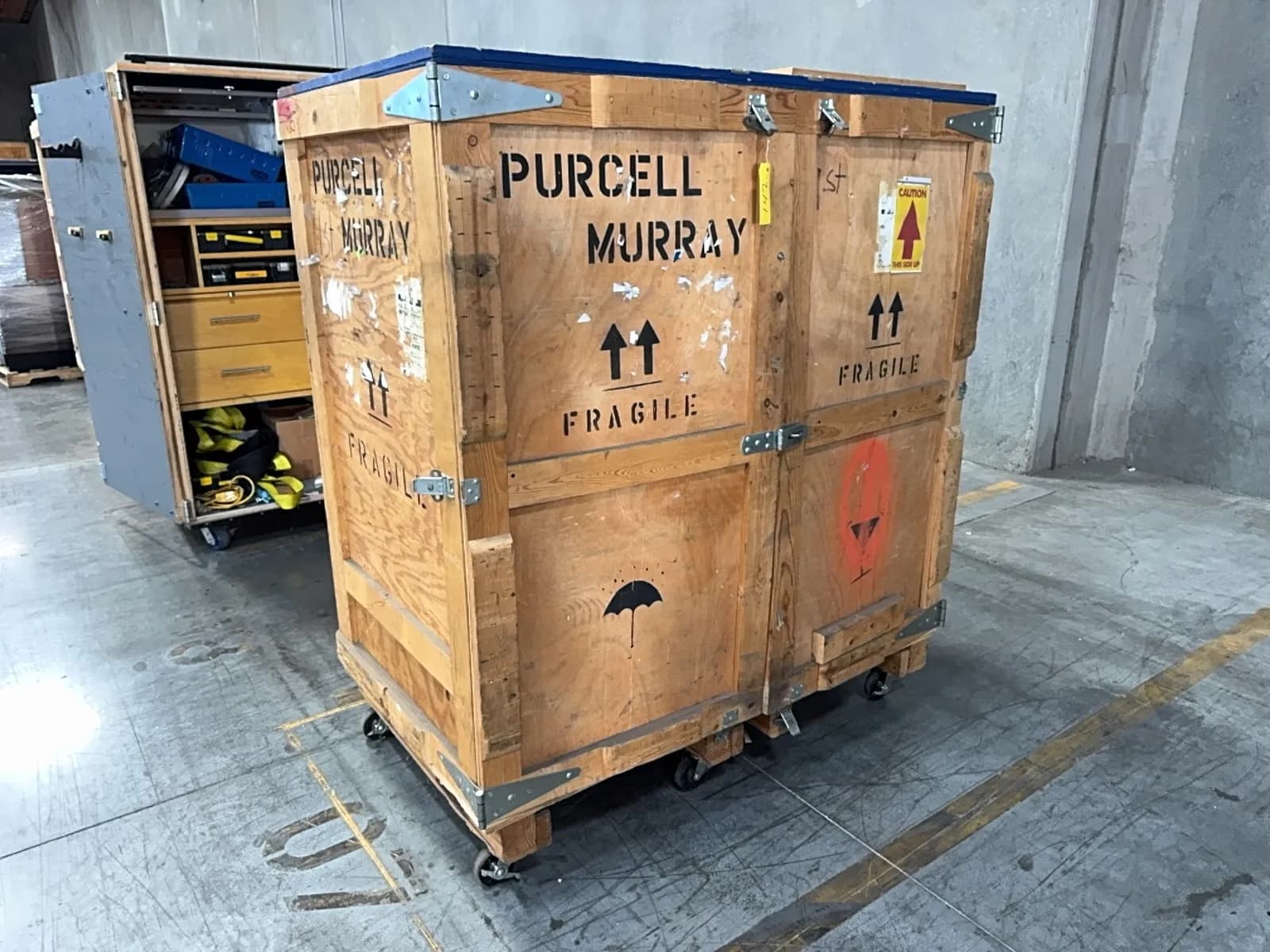 rolling-wooden-job-box-and-contents-assorted-aerosol-cans-pallet-nails-hardware-grease-corded-drills-and-heat-gun-4b0054