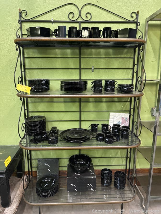 steel-and-glass-display-hutch-with-arcoroc-and-mikasa-galleria-opus-black-dinner-set-622678