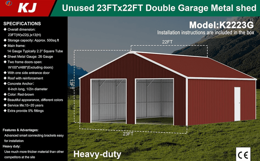 2025-kj-23x22-heavy-duty-double-garage-metal-shed-model-k2223g-unused-mk762qhd